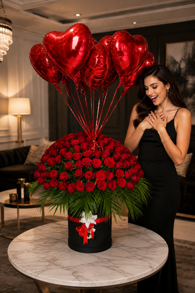 Siyah Kutuda Dev 101 Kırmızı Gül Ve 10 adet Kalp Uçan balon